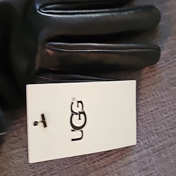 UGG Womens Shearling-Trim cuff Black leather Shorty Gloves Size Large - Picture 9 of 12
